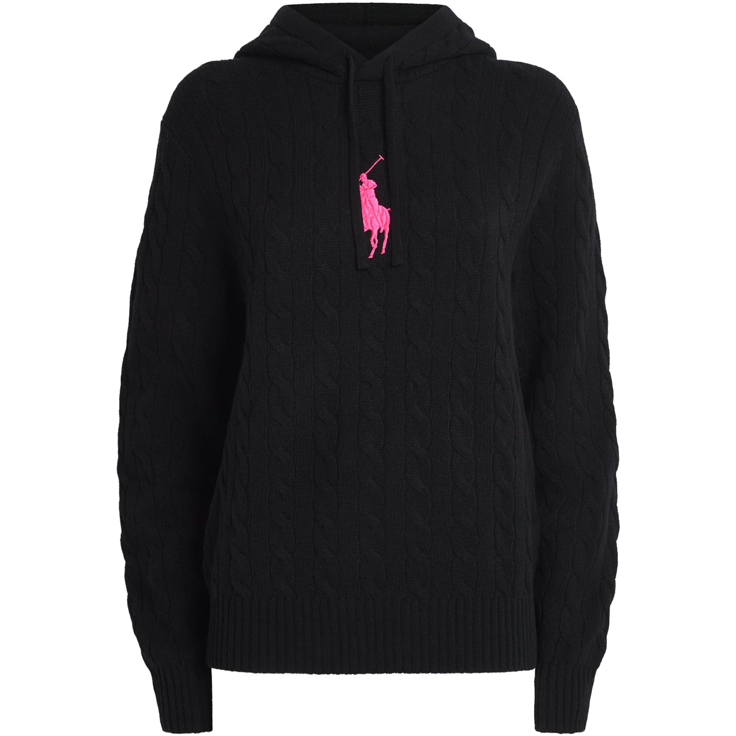 Black Wool-Cashmere Cable-Knit Pink Pony Hoodie