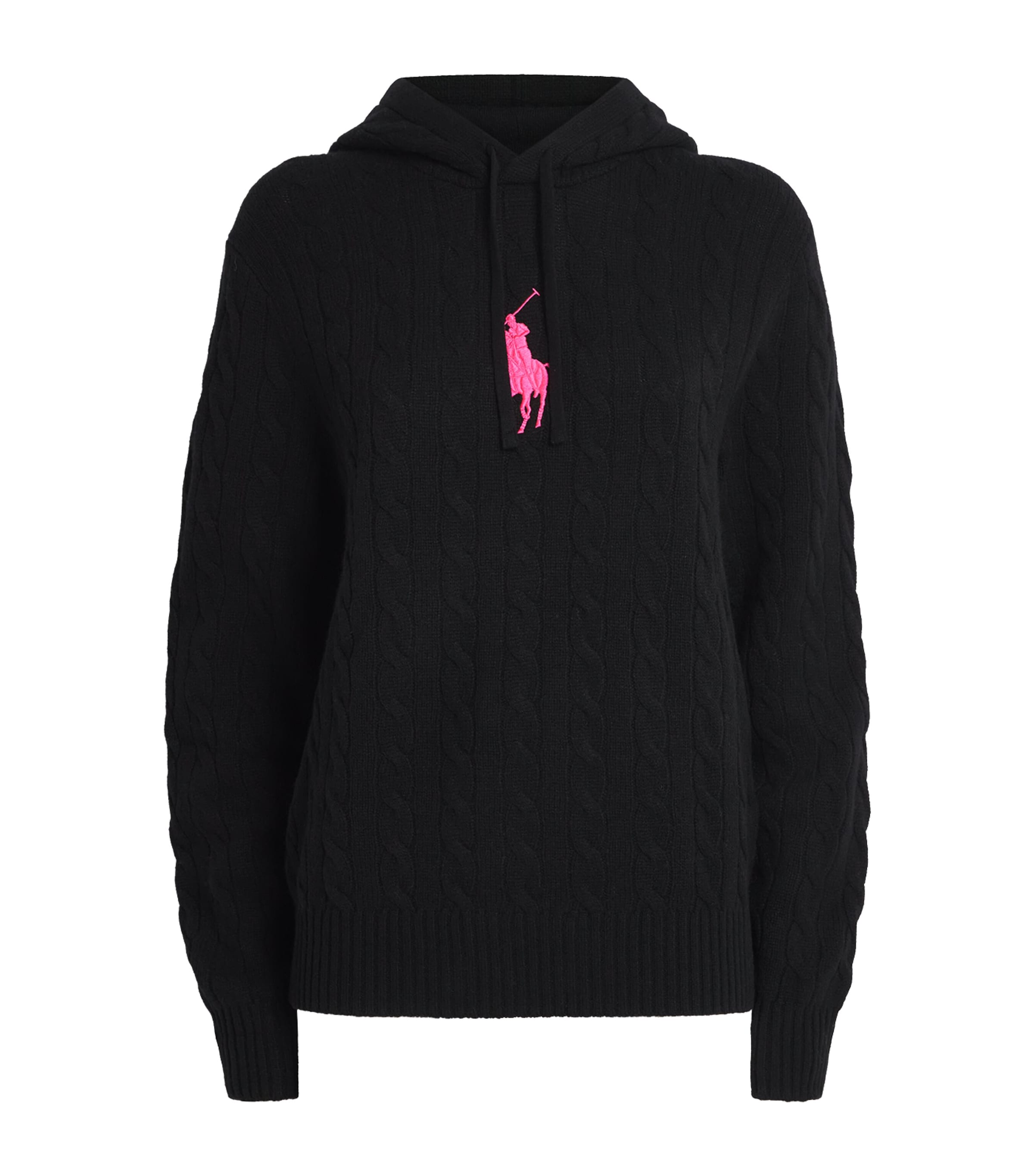 Black Wool-Cashmere Cable-Knit Pink Pony Hoodie