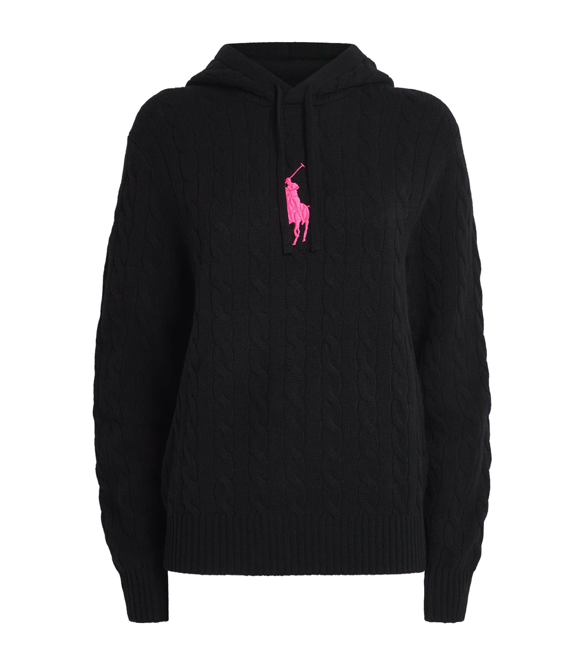 Black Wool-Cashmere Cable-Knit Pink Pony Hoodie