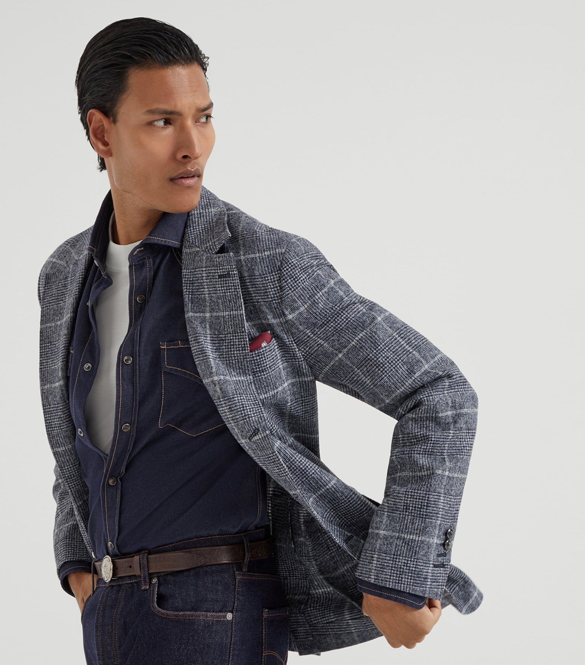 Brunello Cucinelli Blue Alpaca-Wool Check Blazer