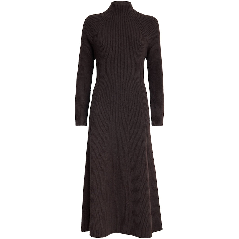 Johnstons Of Elgin Brown Cashmere-Blend Ribbed Midi Knitted Dress