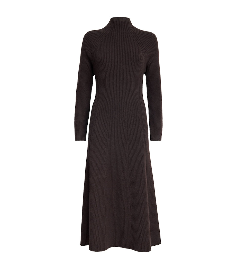 Johnstons Of Elgin Brown Cashmere-Blend Ribbed Midi Knitted Dress