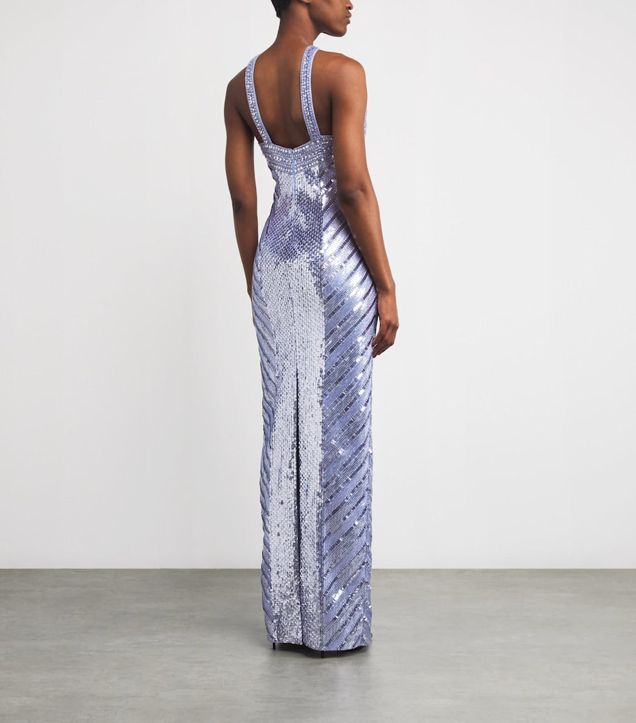 Pamella Roland Blue Sequinned Embellished Halterneck Gown