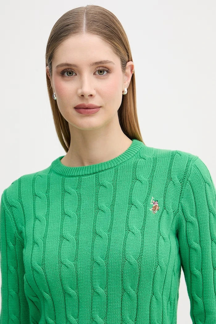 U.S. Polo Assn. пуловер дамски от памук CREW NECK CABLE