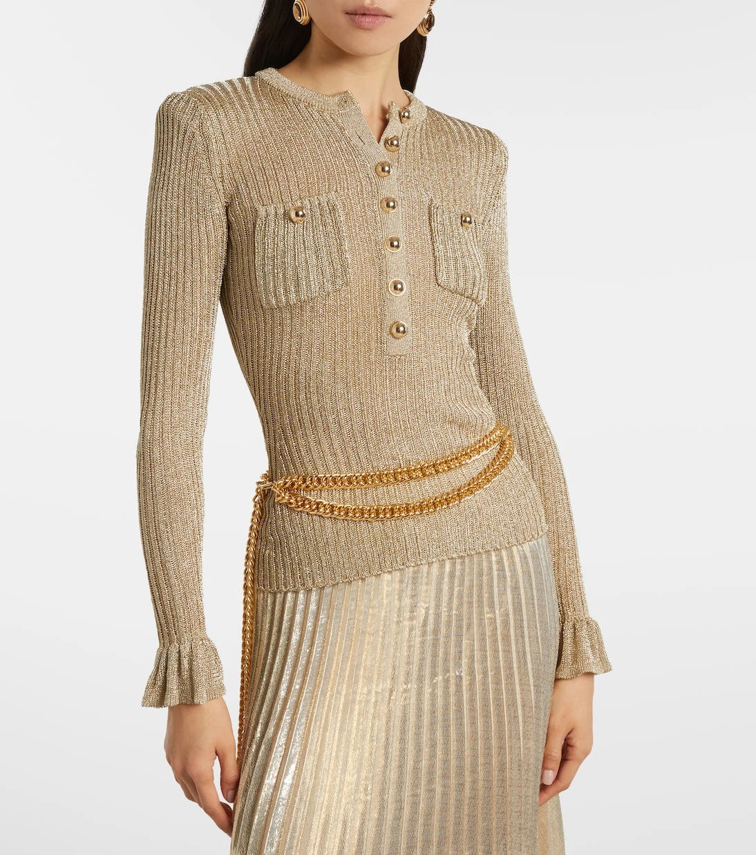 Self-Portrait - Ribbed-knit lamé plissé maxi dress