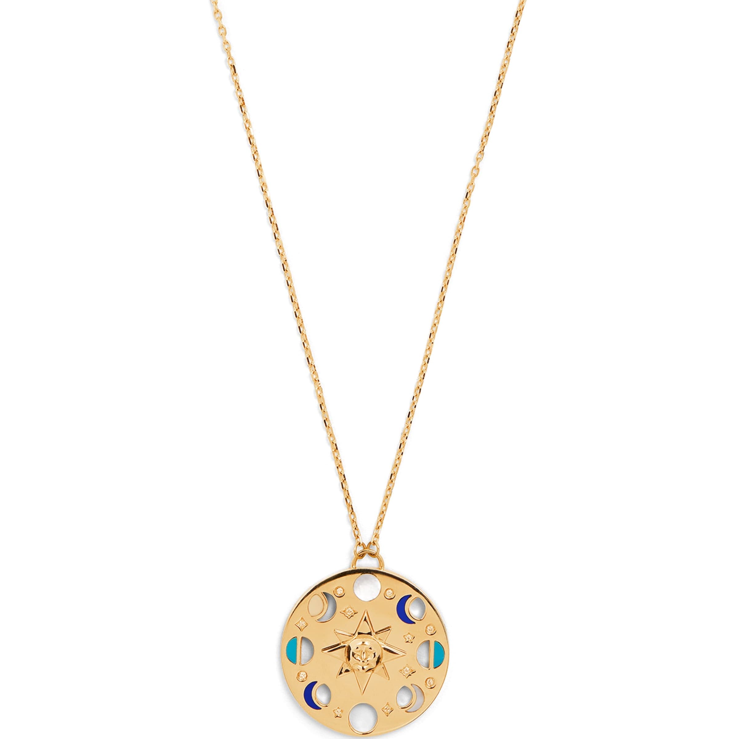 Yellow Gold, White Diamond, Lapis and Turquoise Moon Phase Necklace