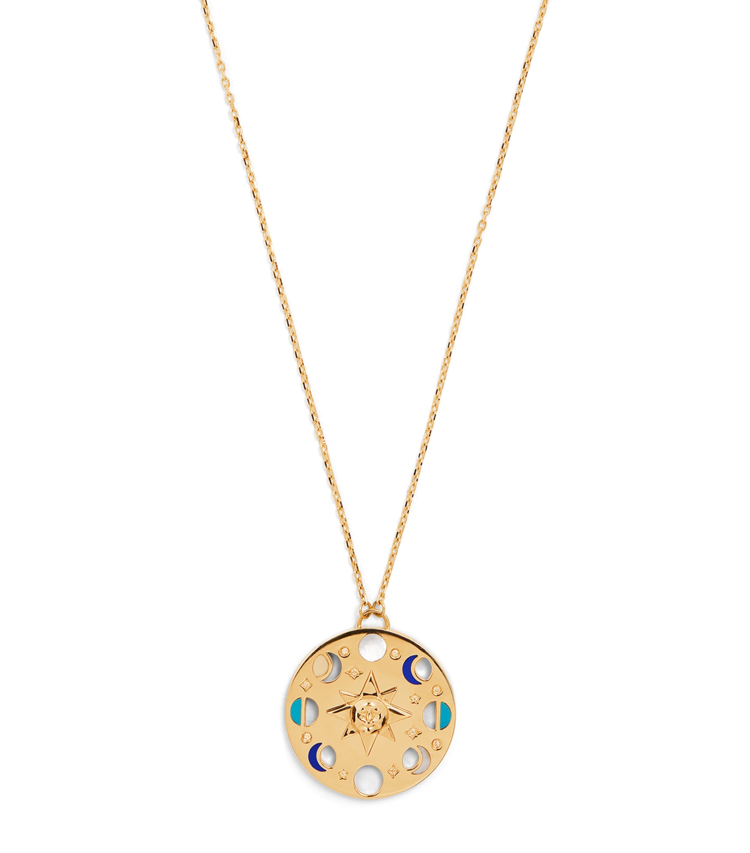 Yellow Gold, White Diamond, Lapis and Turquoise Moon Phase Necklace