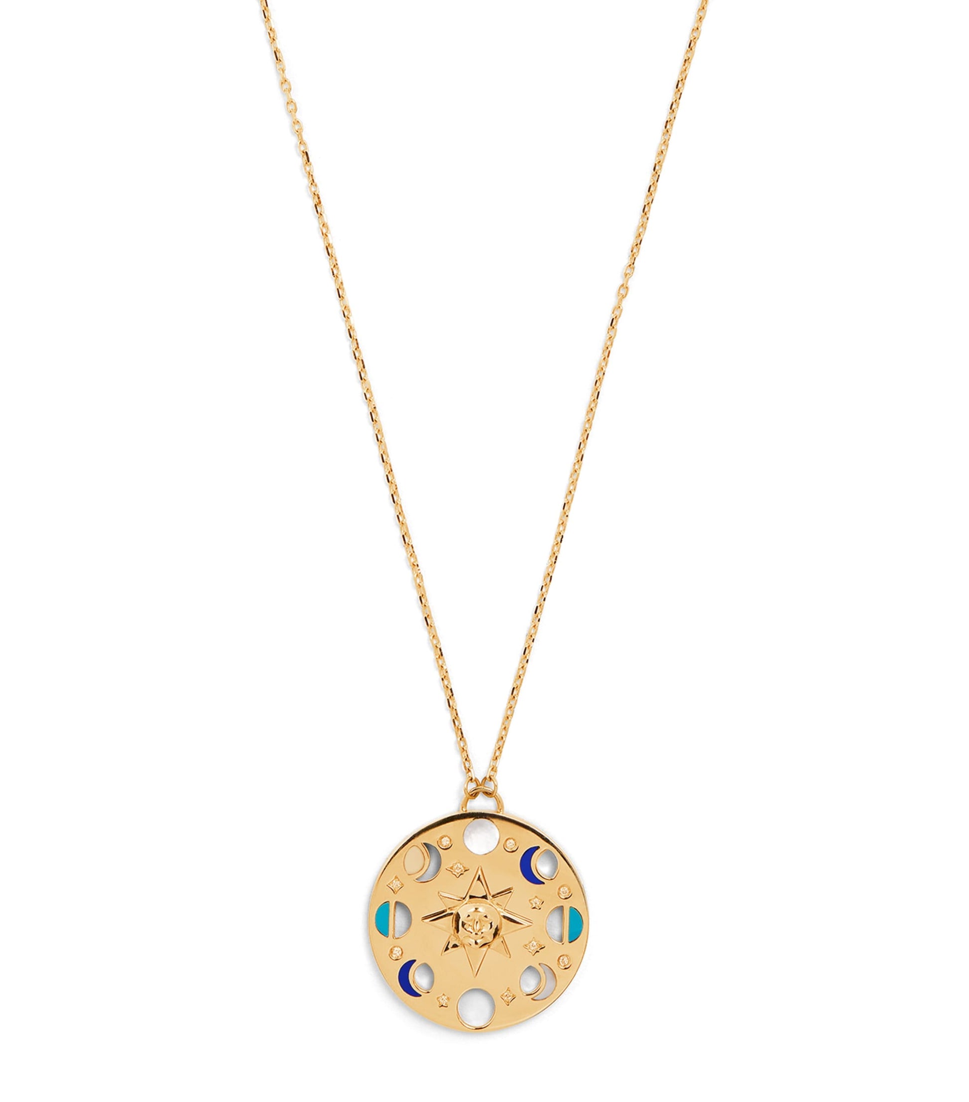Yellow Gold, White Diamond, Lapis and Turquoise Moon Phase Necklace