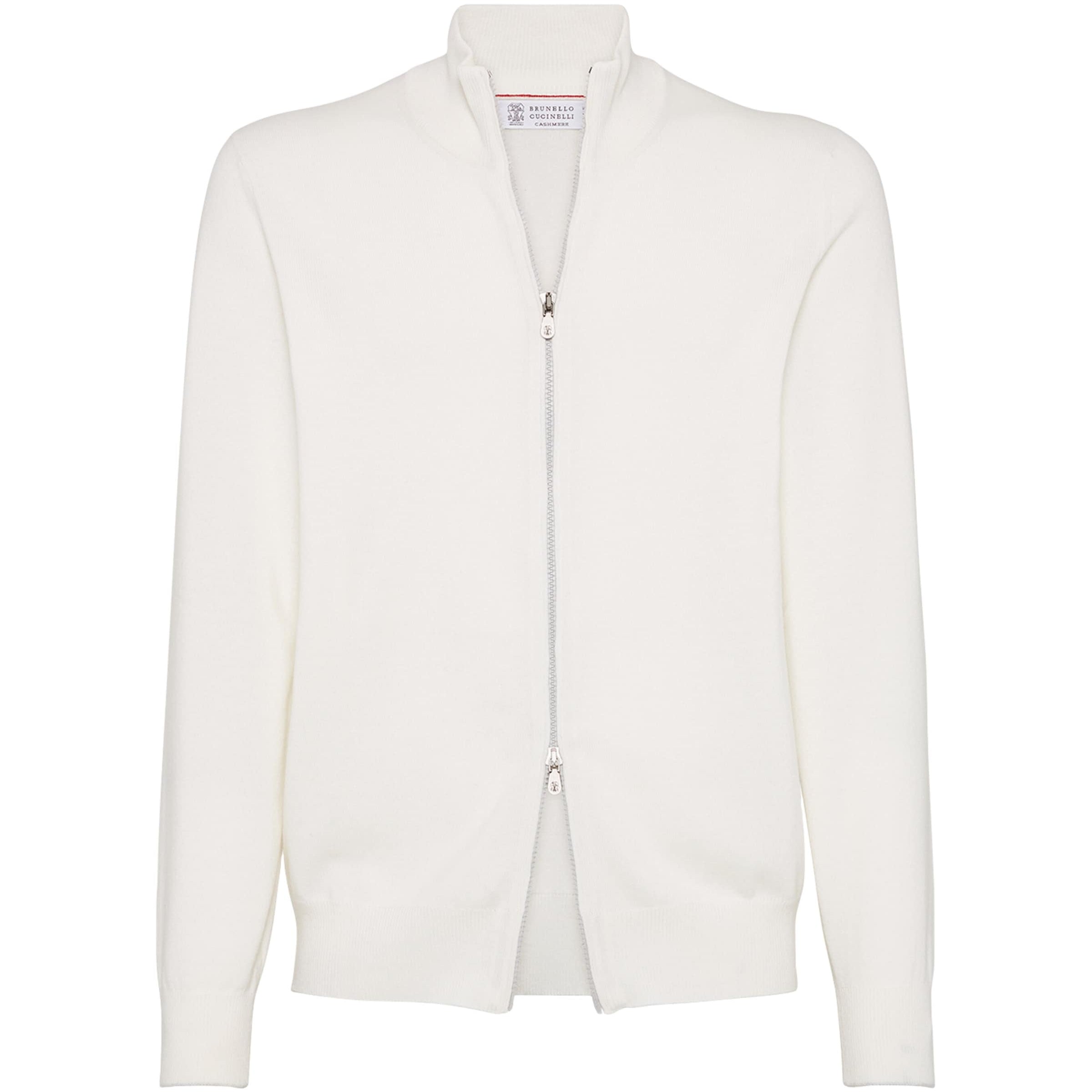 Brunello Cucinelli White Cashmere Zip-Up Cardigan