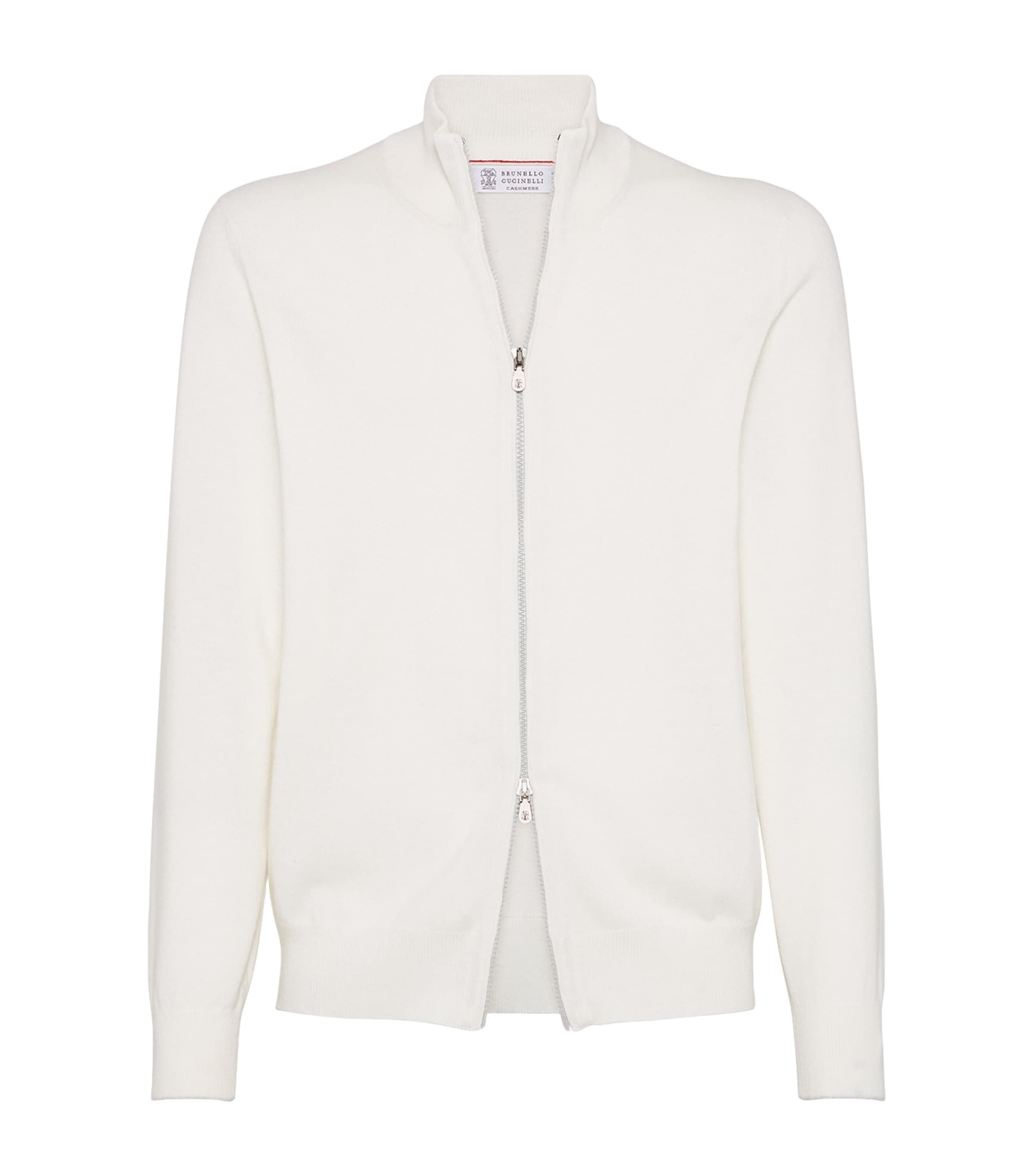 Brunello Cucinelli White Cashmere Zip-Up Cardigan