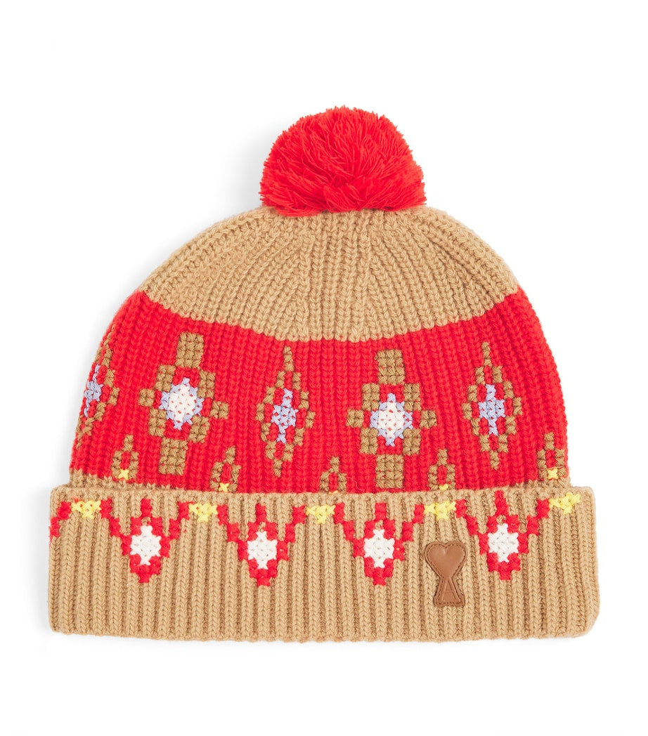 Wool Cross-Stitch Pom-Pom Beanie