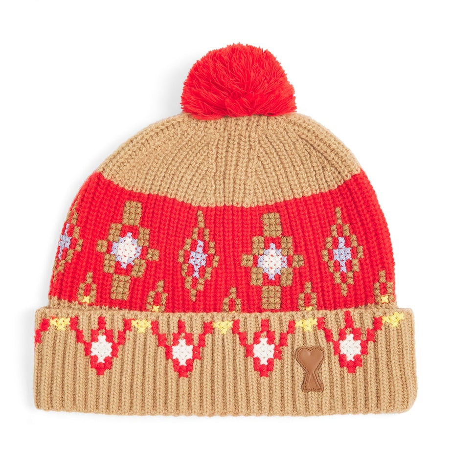 Wool Cross-Stitch Pom-Pom Beanie