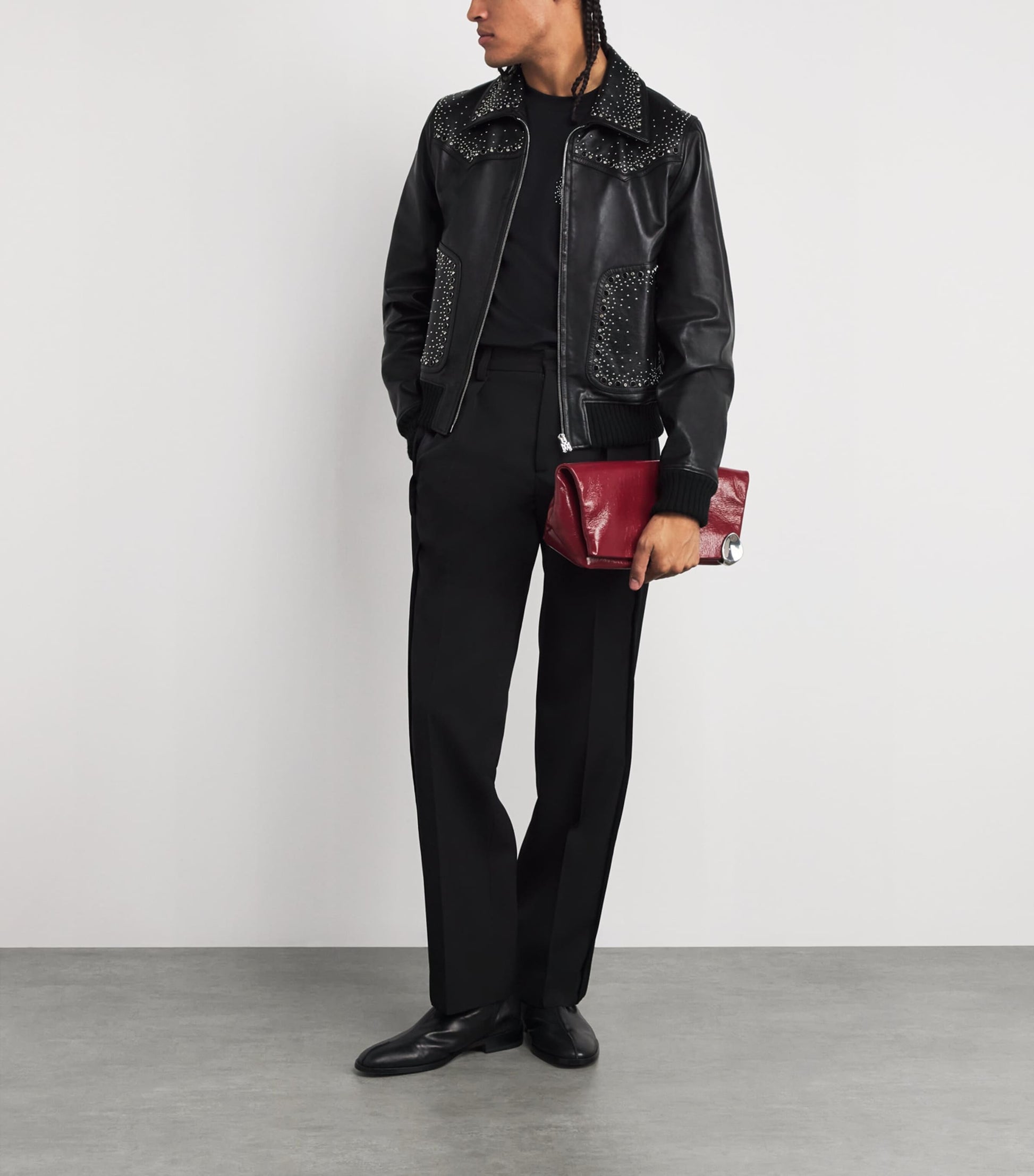 Black Leather Crystal-Embellished Jacket