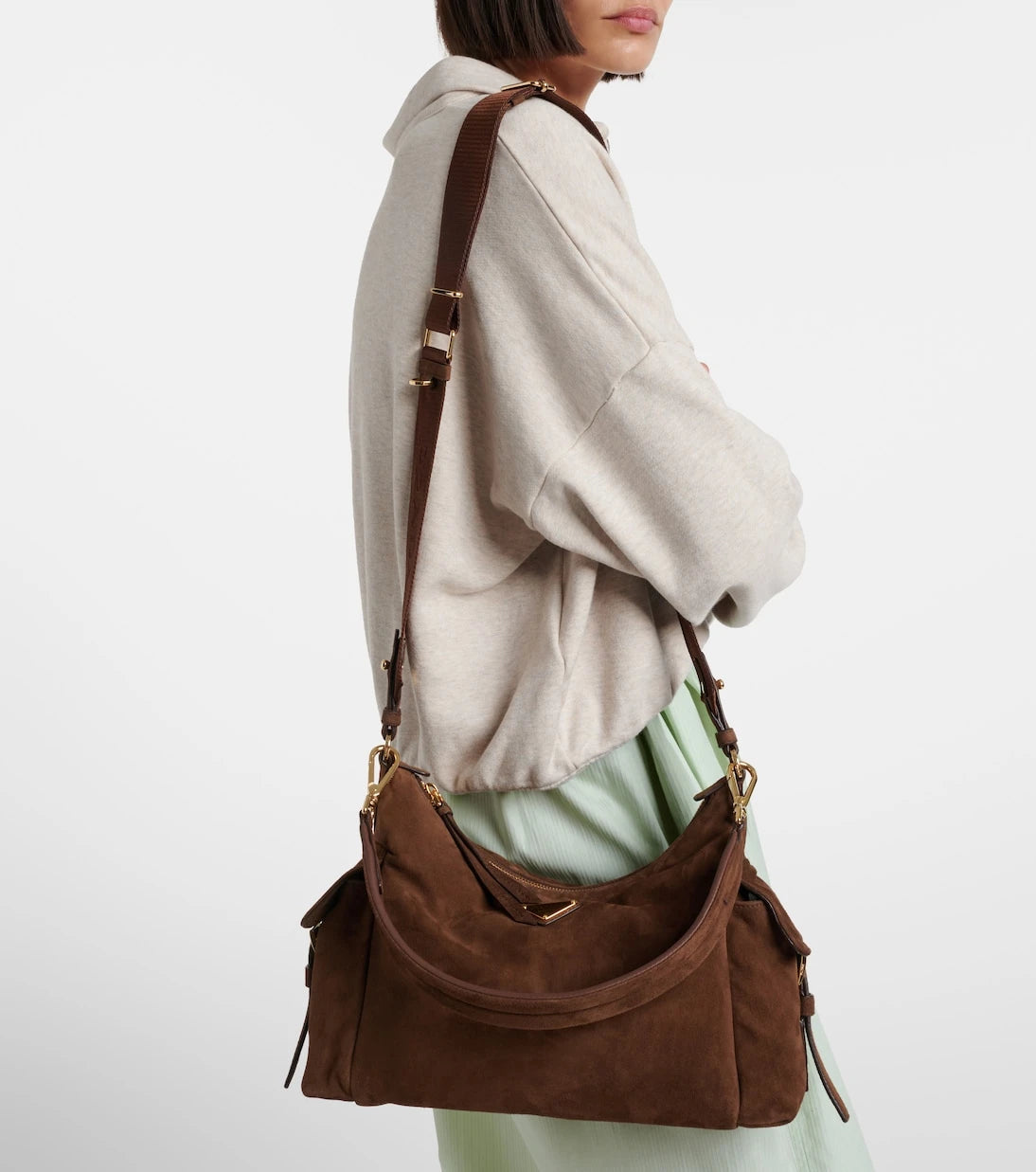 Prada - حقيبة كتف كبيرة من الشامواه طراز Prada Explore