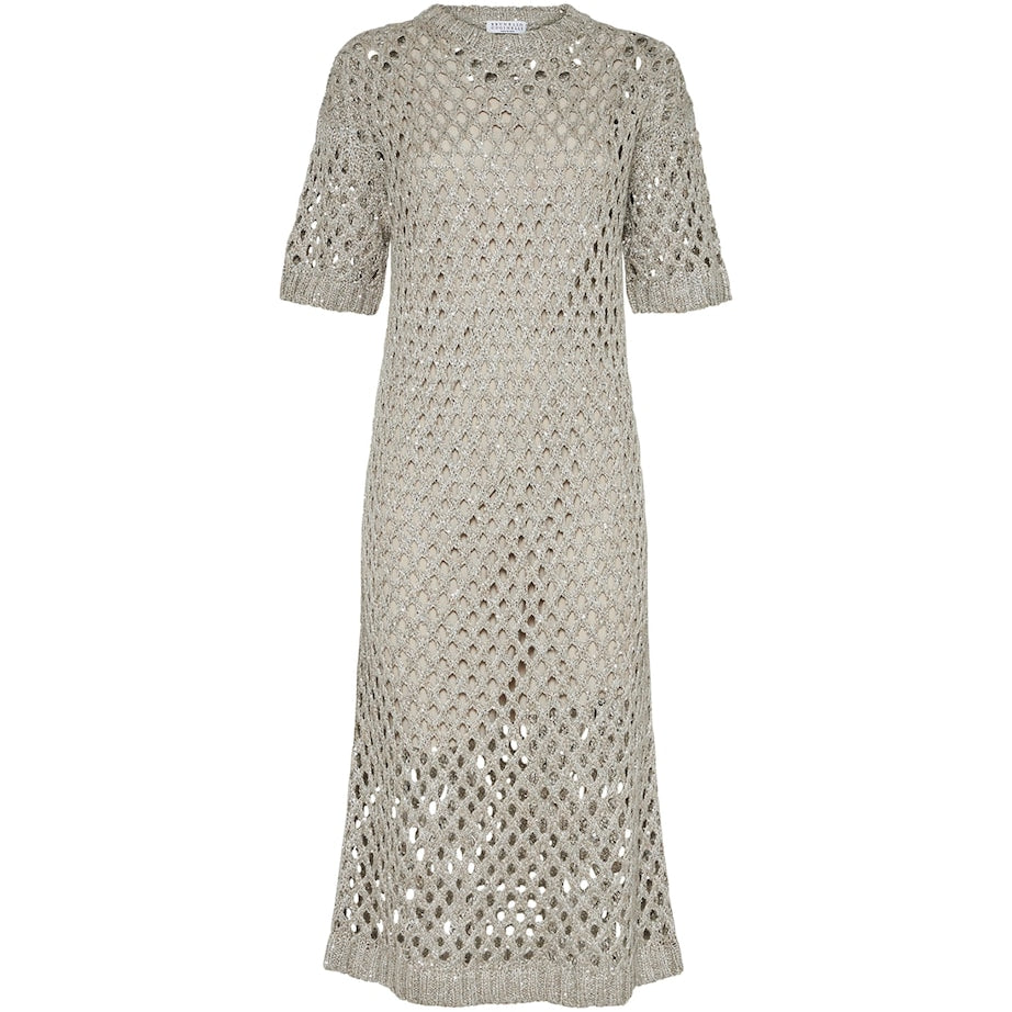 Brunello Cucinelli Grey Net Dazzling Knitted Midi Dress