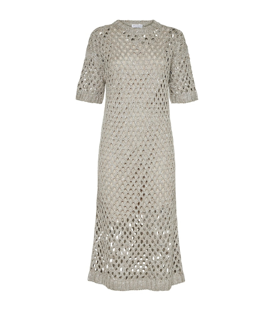 Brunello Cucinelli Grey Net Dazzling Knitted Midi Dress