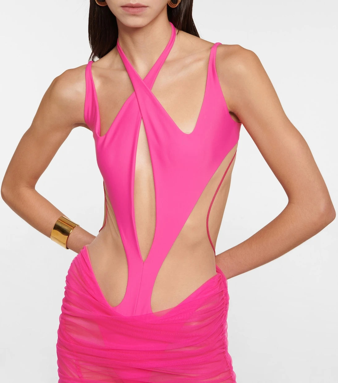 Mugler - فستان ميدي من التل المزين بفتحات