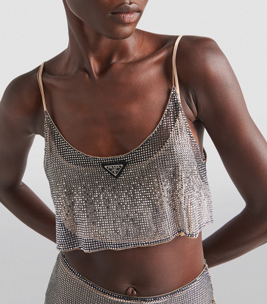 Metallic Rhinestone-Embroidered Mesh Top