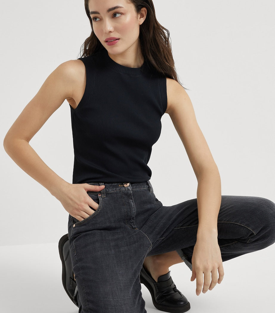 Brunello Cucinelli Black Cotton Ribbed Tank Top