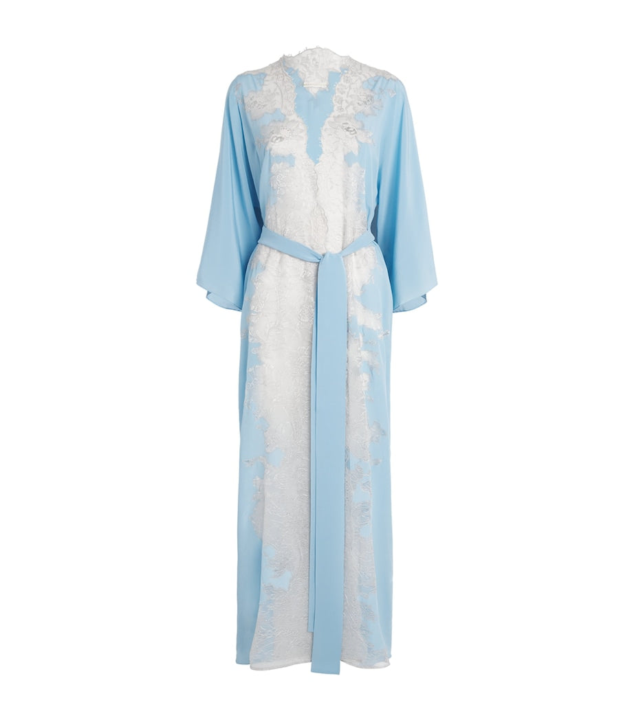 Rosamosario Blue Silk Lace-Trim Robe