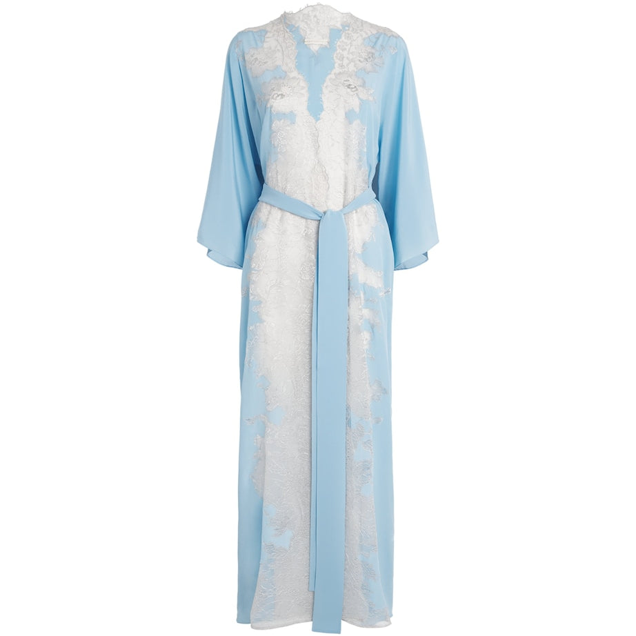 Rosamosario Blue Silk Lace-Trim Robe