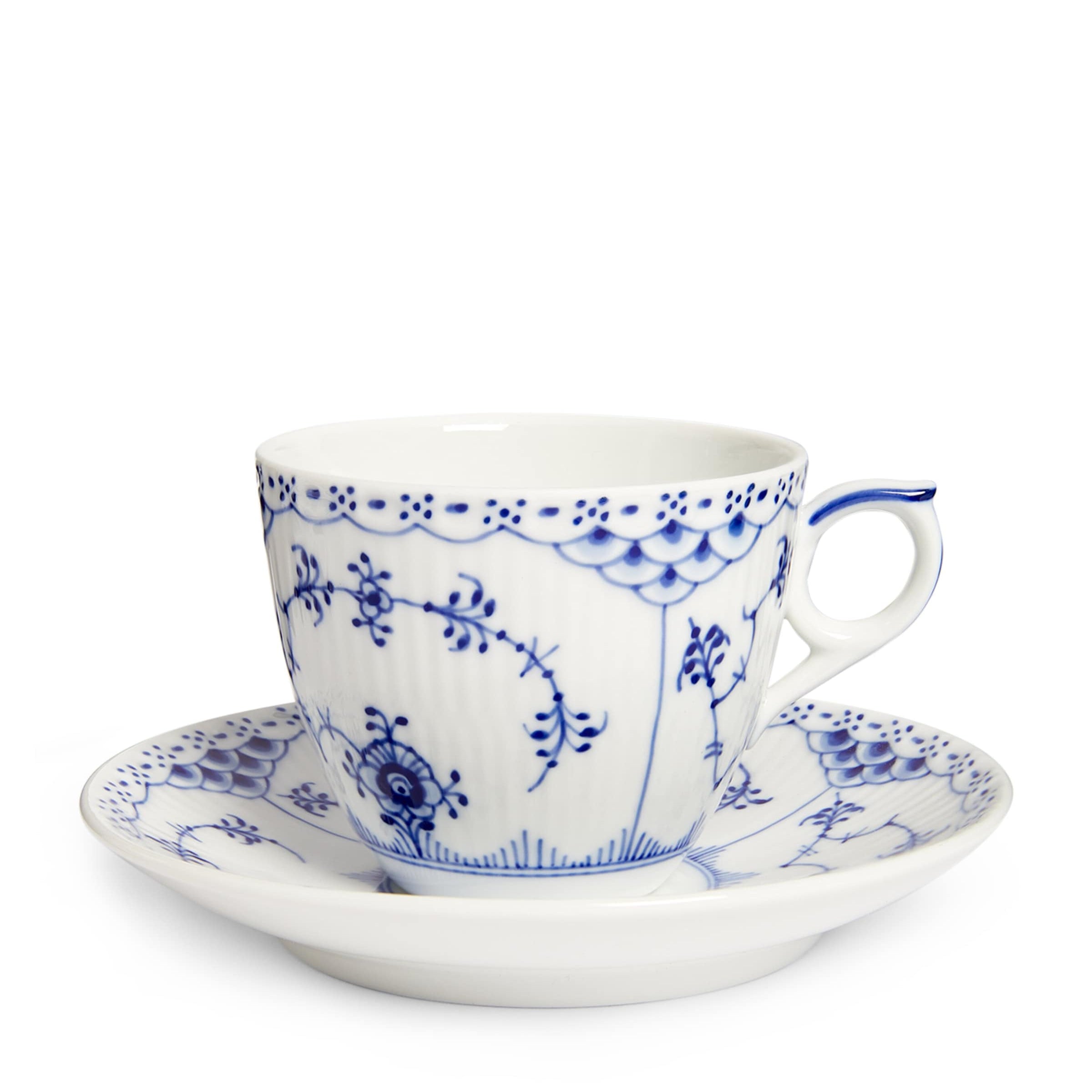 Royal Copenhagen Blue Fluted Half Lace Teacup and Saucer