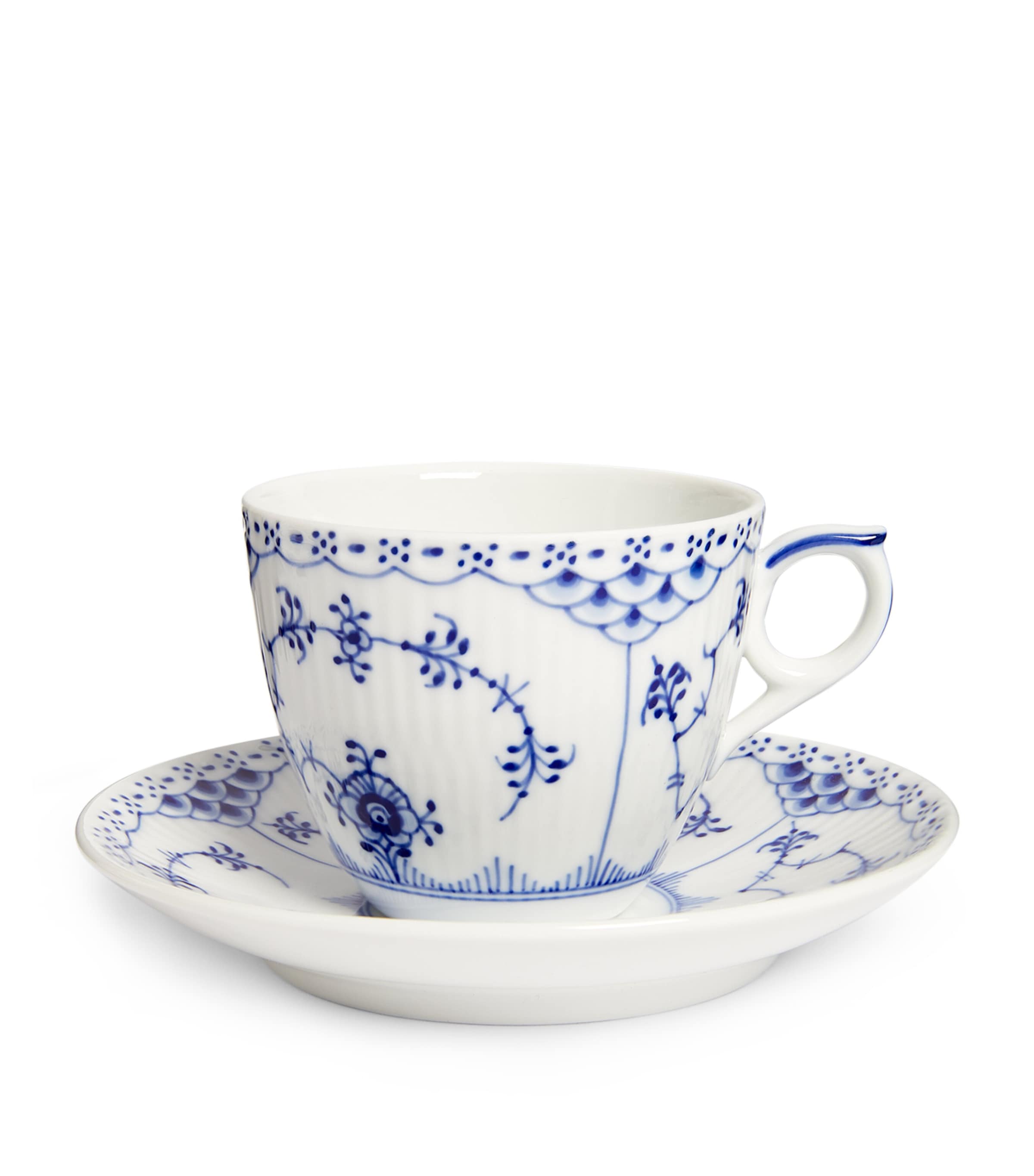 Royal Copenhagen Blue Fluted Half Lace Teacup and Saucer