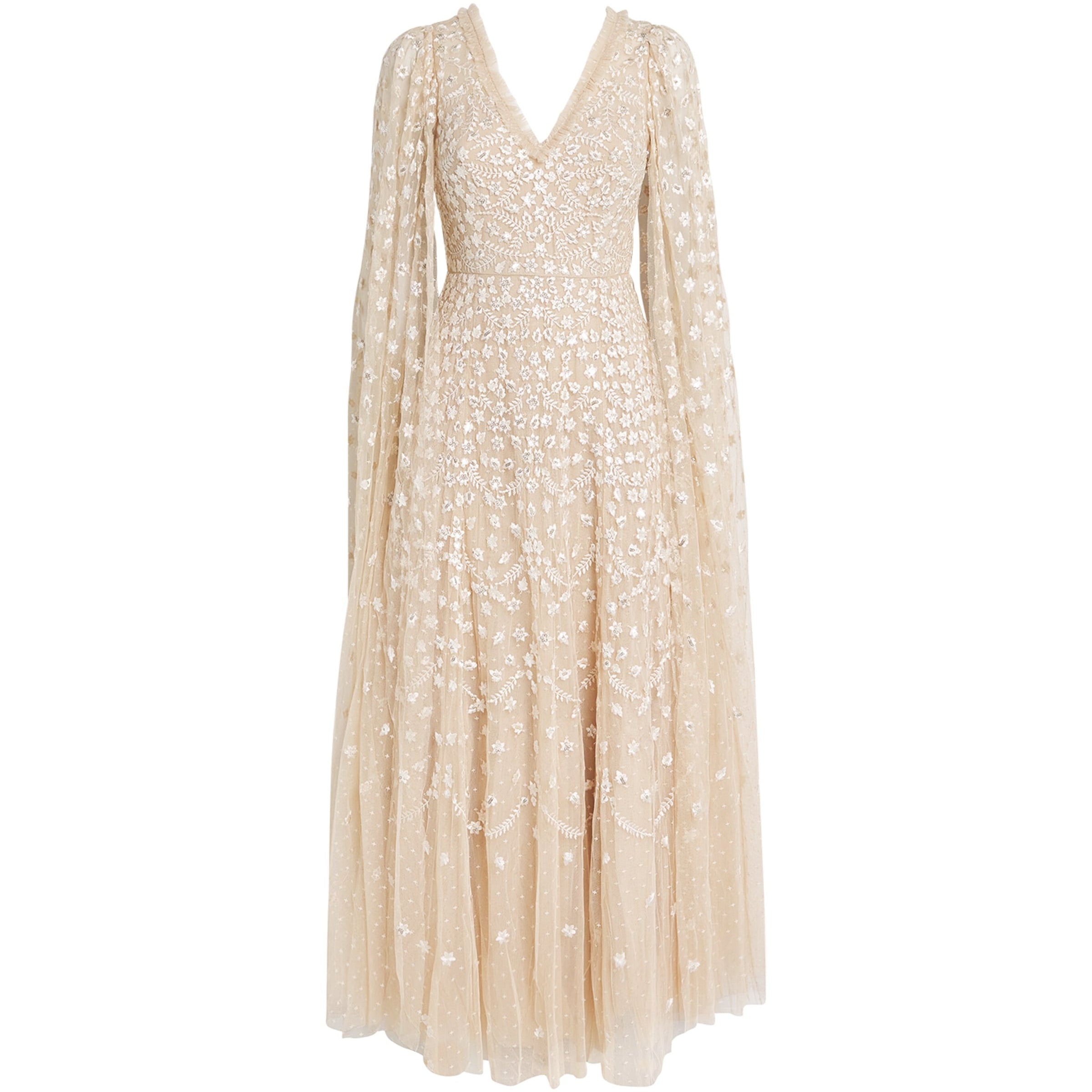 Beige Cape-Detail Clover Maxi Dress