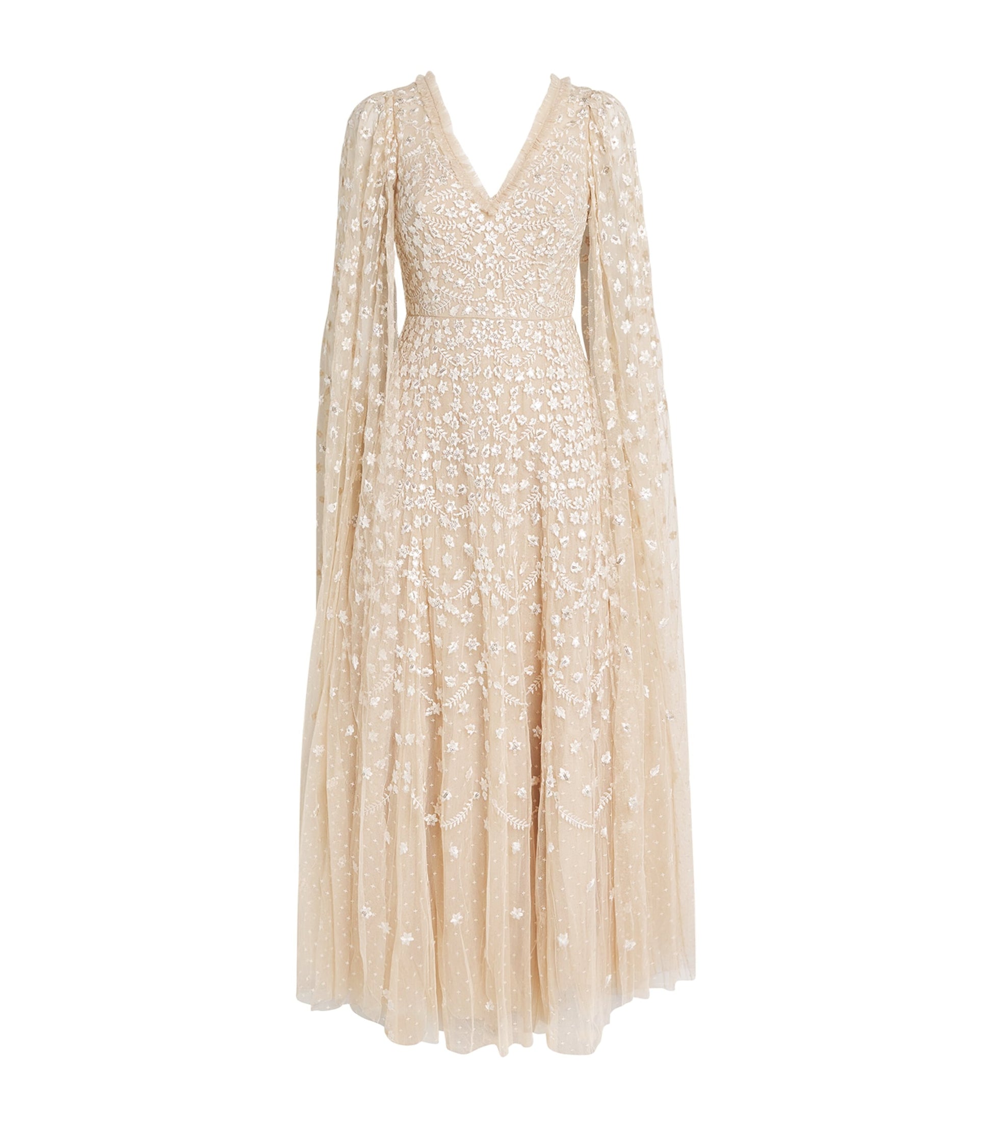 Beige Cape-Detail Clover Maxi Dress