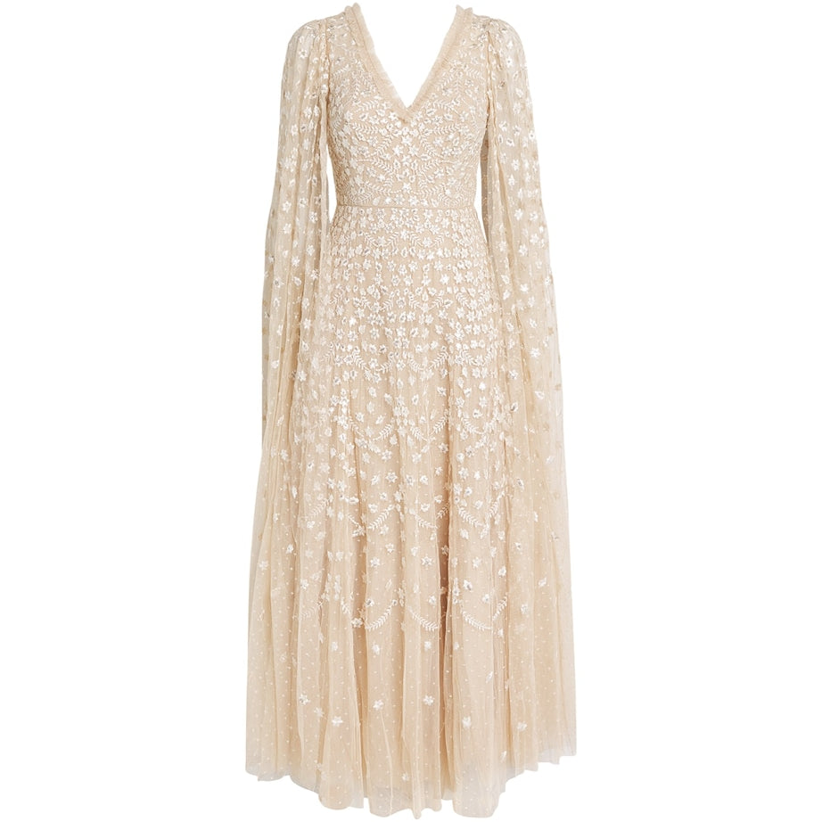 Needle & Thread Beige Cape-Detail Clover Maxi Dress