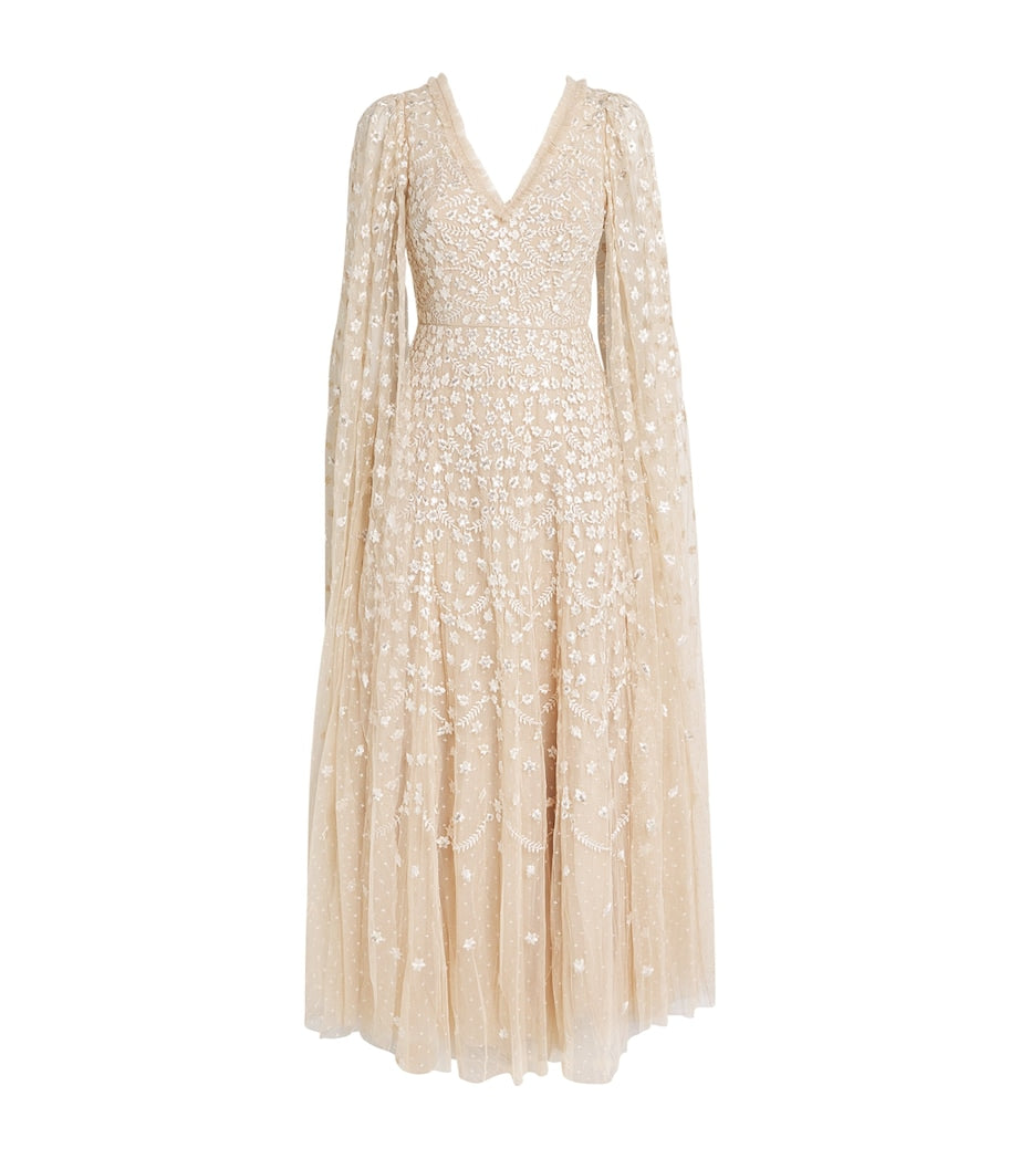 Needle & Thread Beige Cape-Detail Clover Maxi Dress