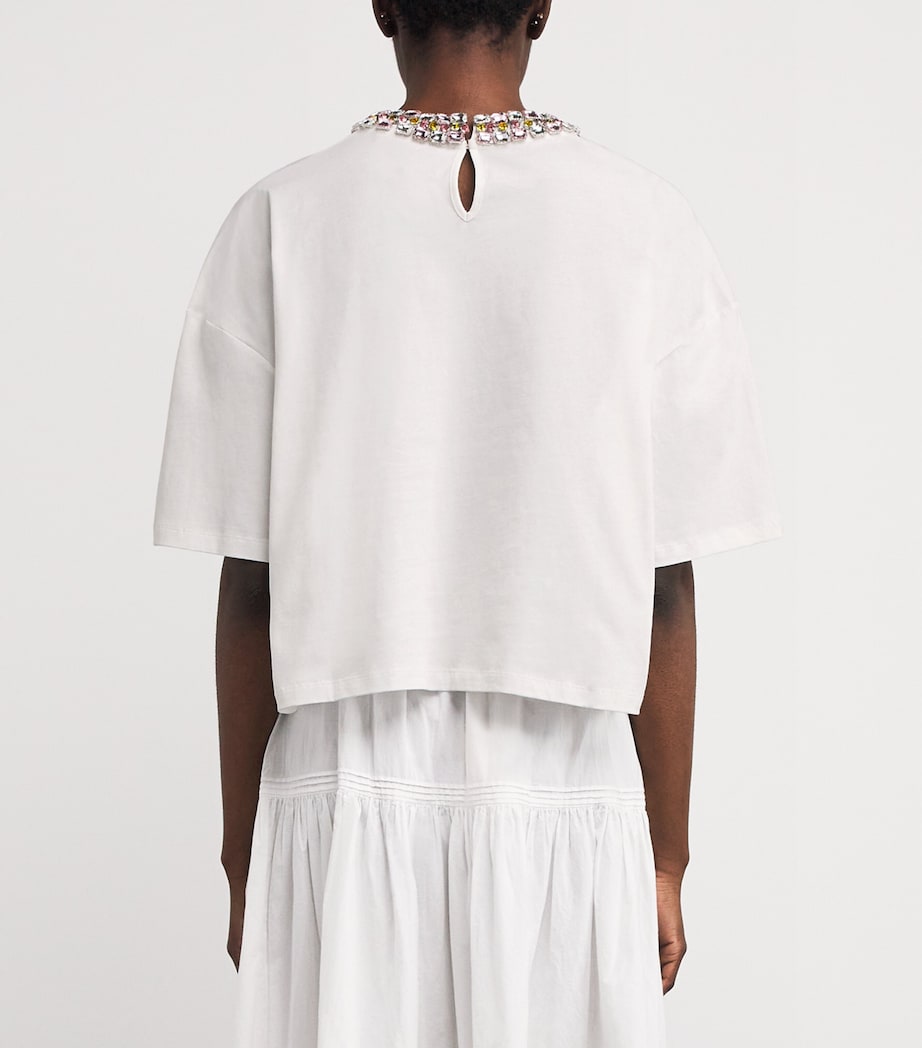 White Cotton Embellished-Neck T-Shirt