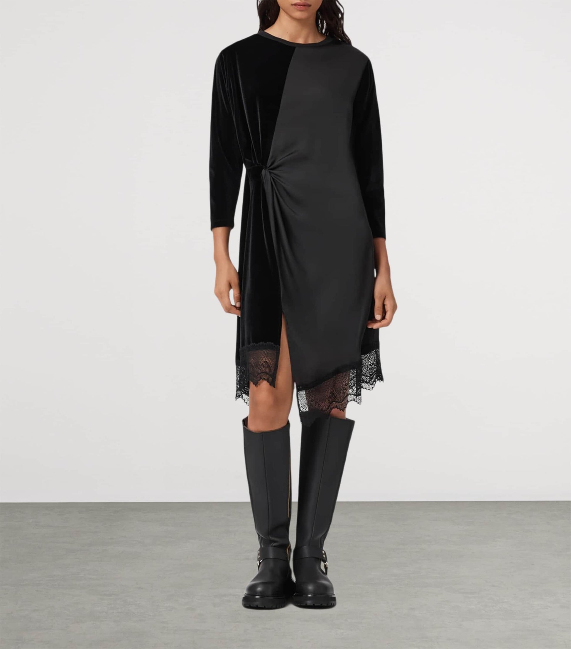 Black Satin-Velvet Lana Midi Dress