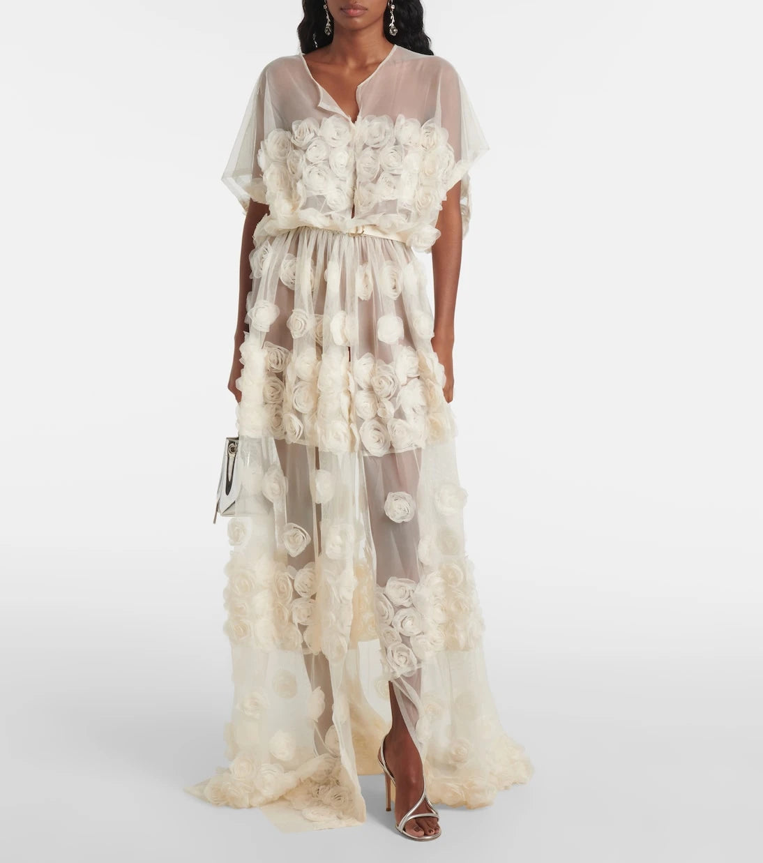 Norma Kamali - Floral-appliqué belted sheer gown