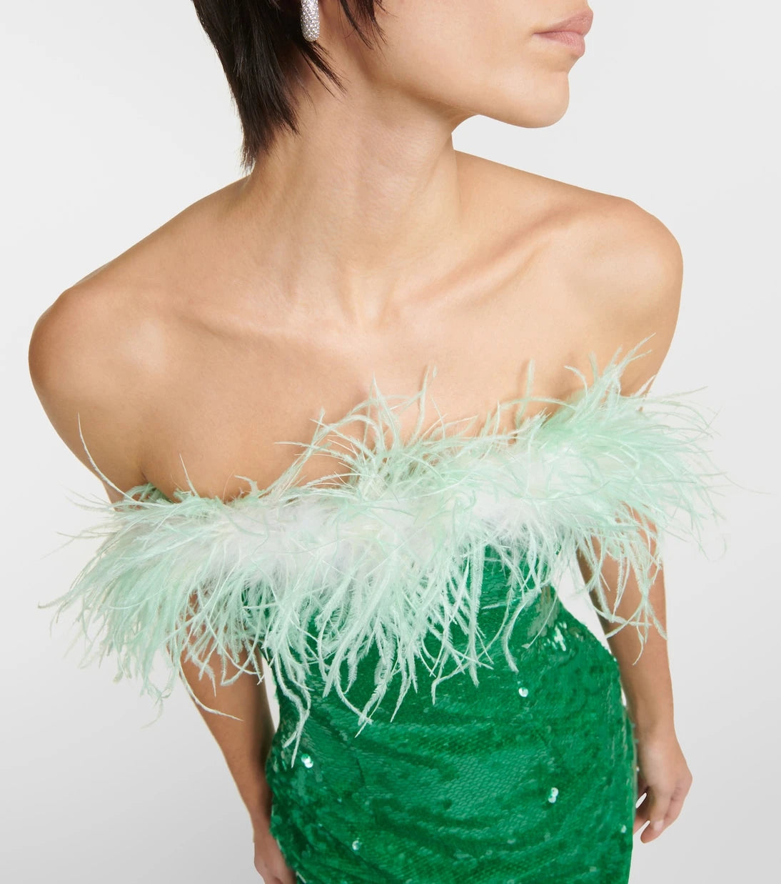 Self-Portrait - Feather-trimmed sequined midi dress