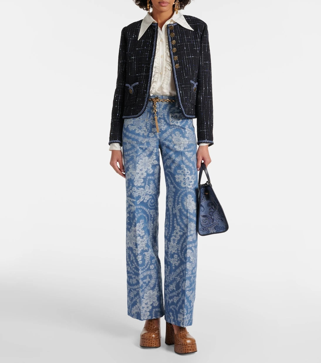 Etro - Printed cotton and linen wide-leg pants