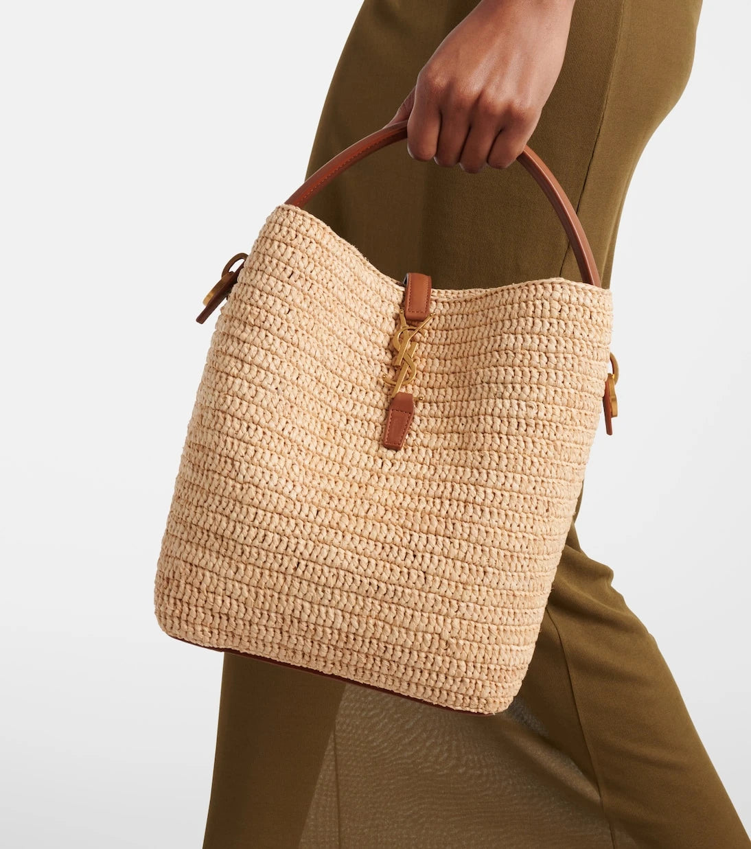 Saint Laurent - Le 37 leather-trimmed raffia bucket bag