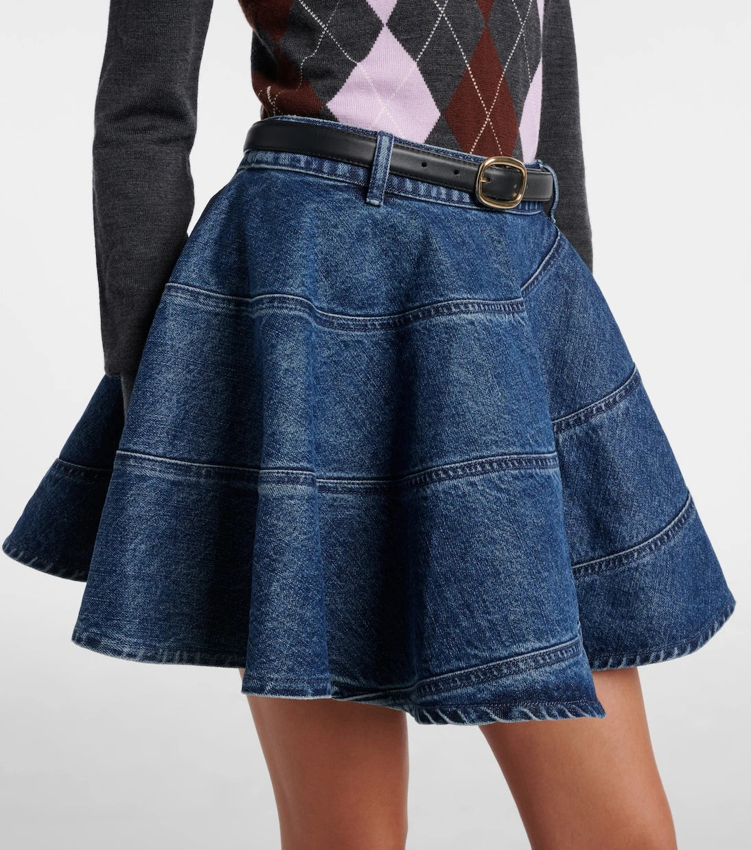 Self-Portrait - Belted denim miniskirt