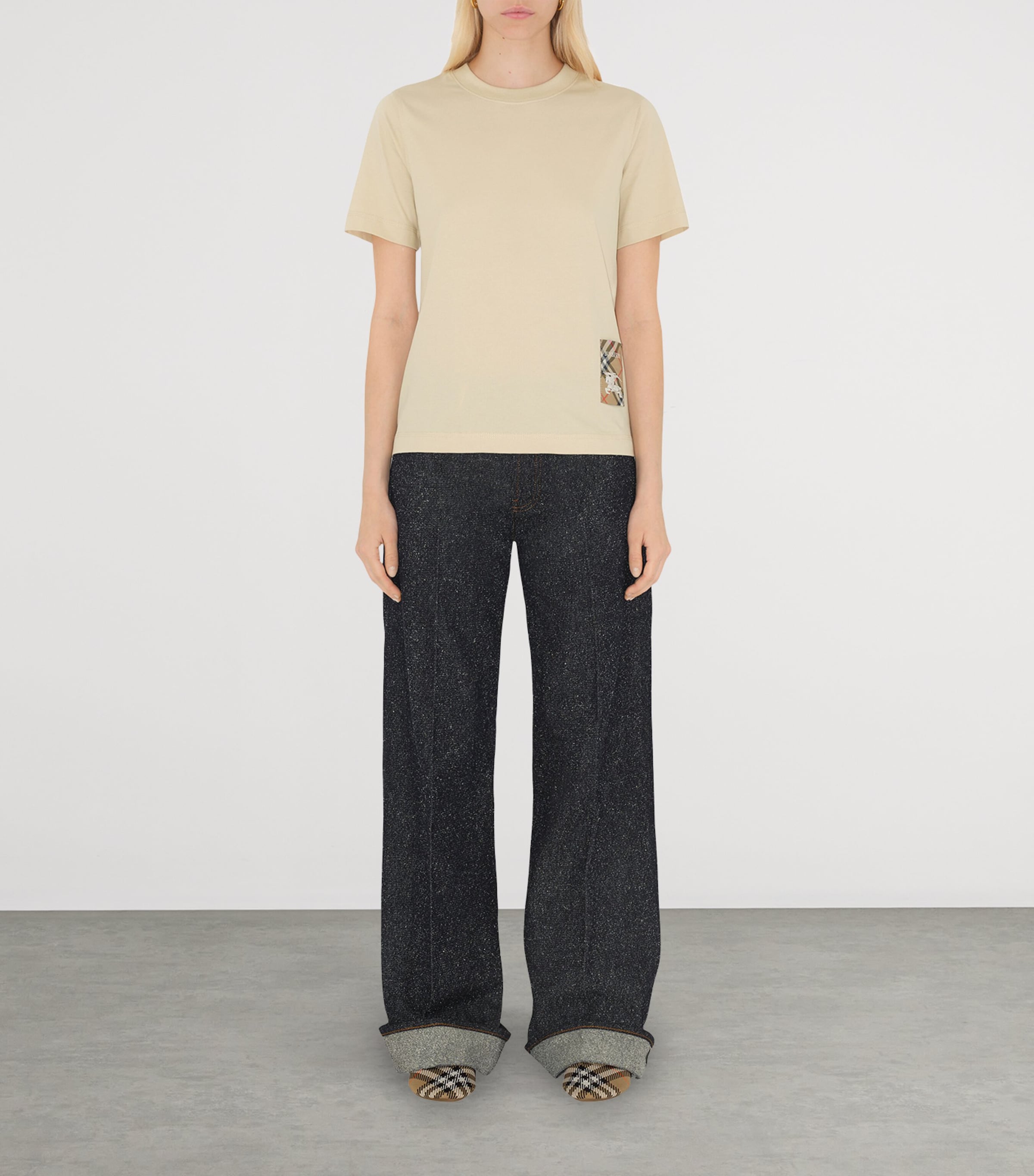 Beige Check-Patch T-Shirt