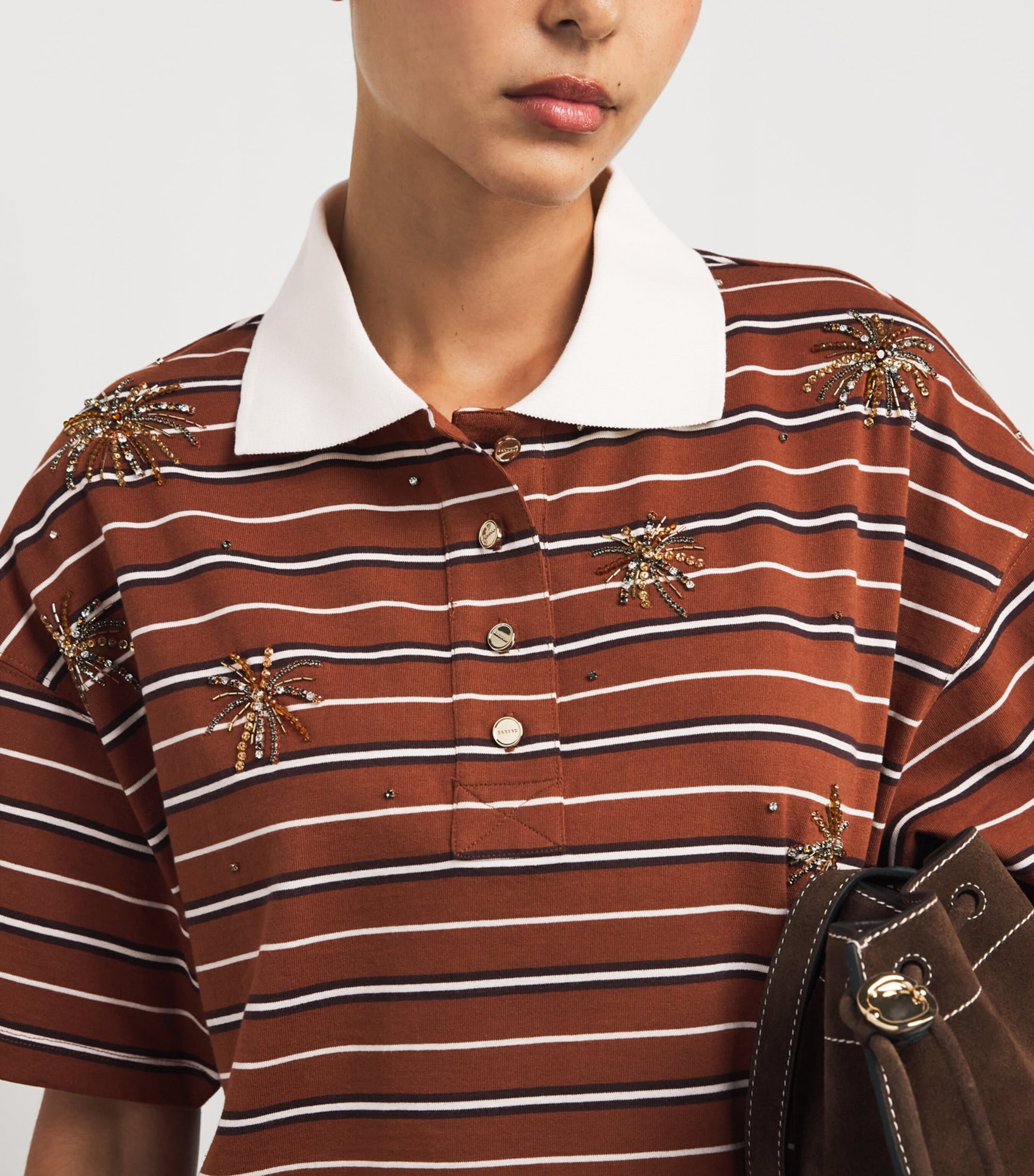 Brown Cotton Stripe Embellished Polo Shirt