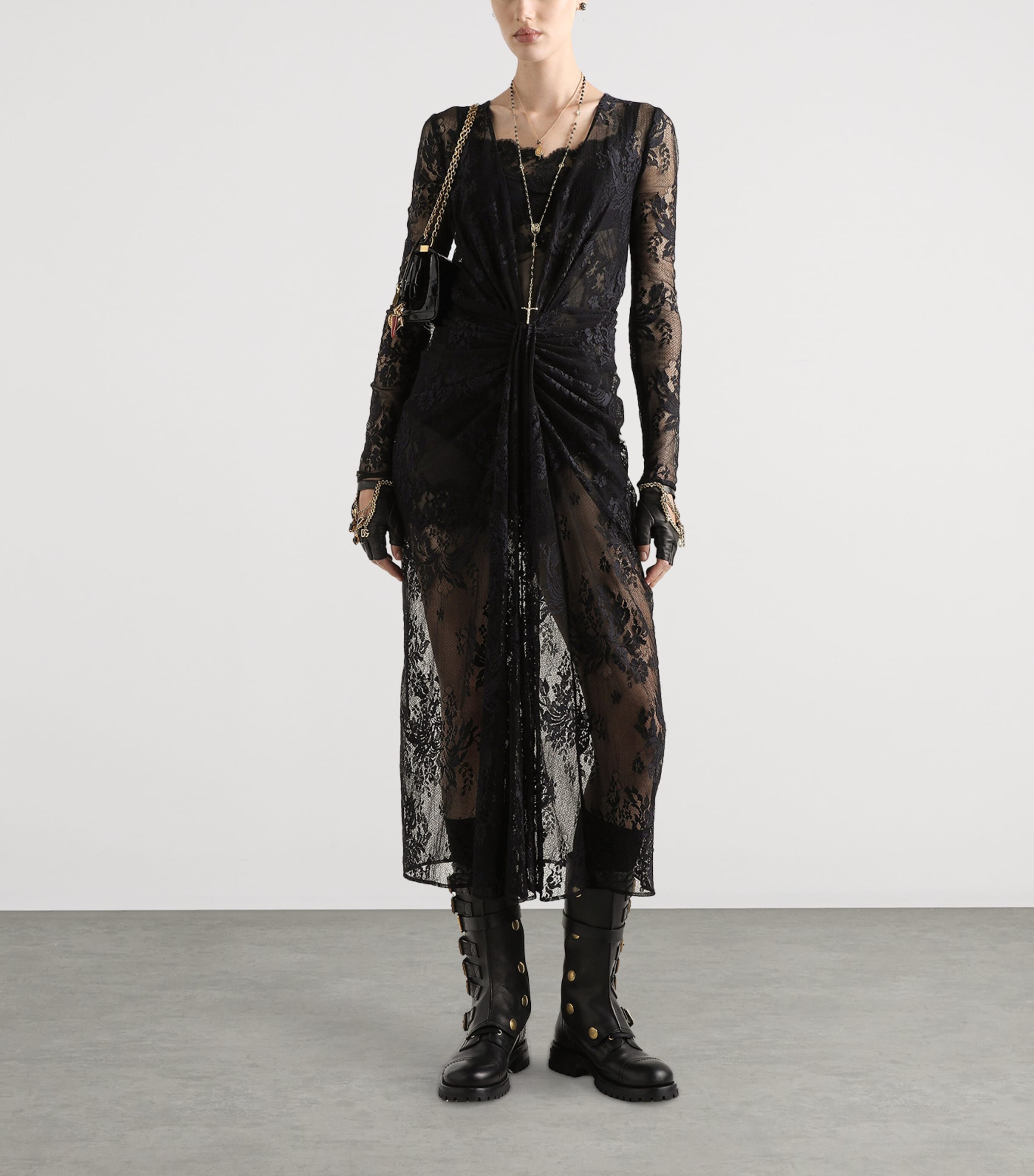 Dolce & Gabbana Multi Lace Gathered Midi Dress