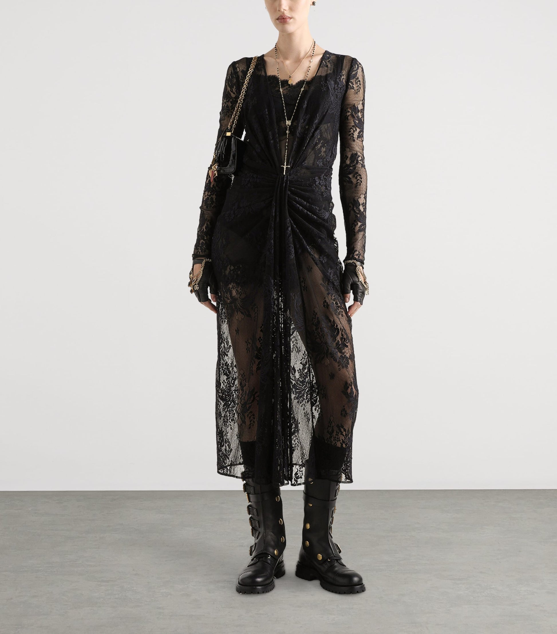 Dolce & Gabbana Multi Lace Gathered Midi Dress