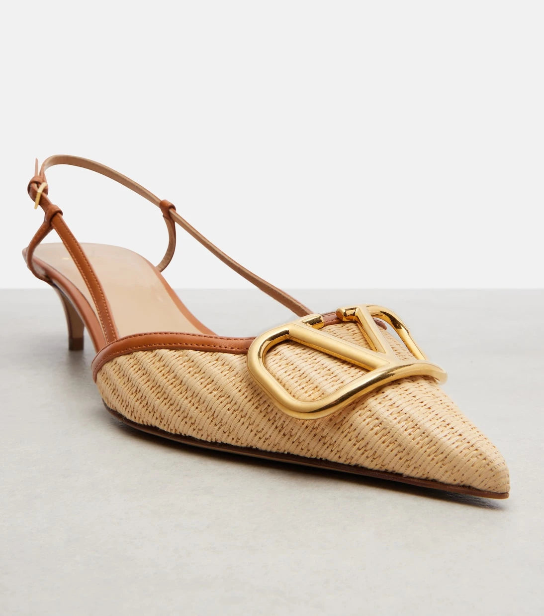 Valentino Garavani - VLogo leather-trimmed raffia slingback pumps