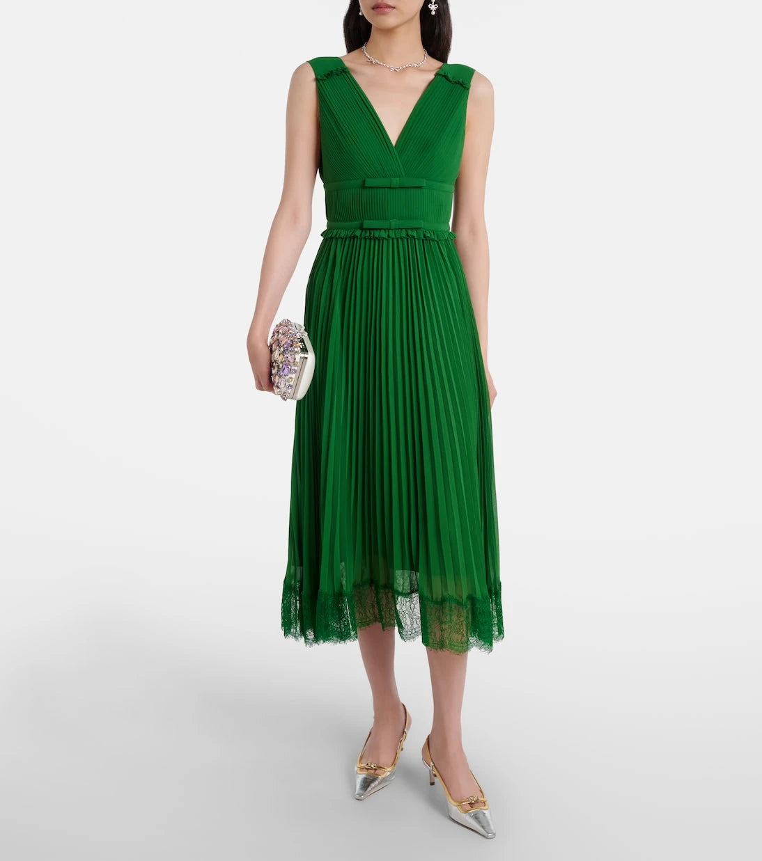 Self-Portrait - Lace-trimmed plissé chiffon midi dress