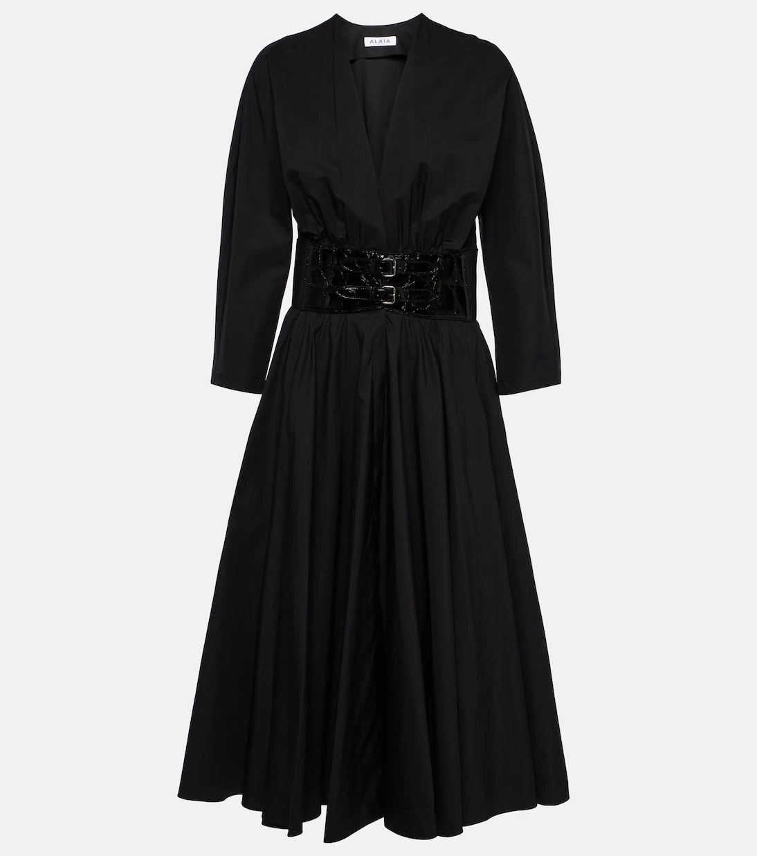 Alaïa - فستان ميدي قطن بحواف جلدية