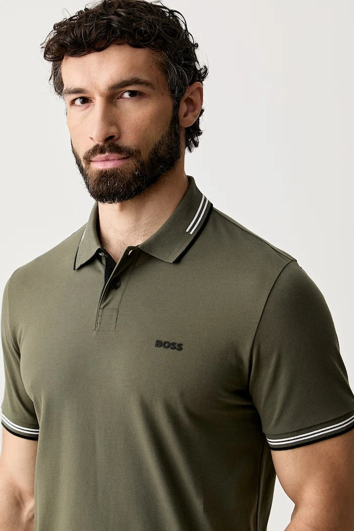 BOSS Green yakalı pamuklu erkek tişört Paul
