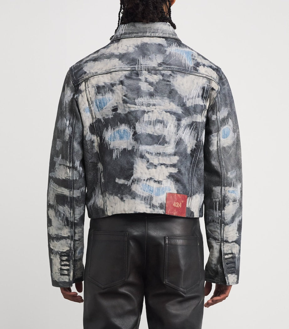 Blue Denim-Effect Trucker Leather Jacket