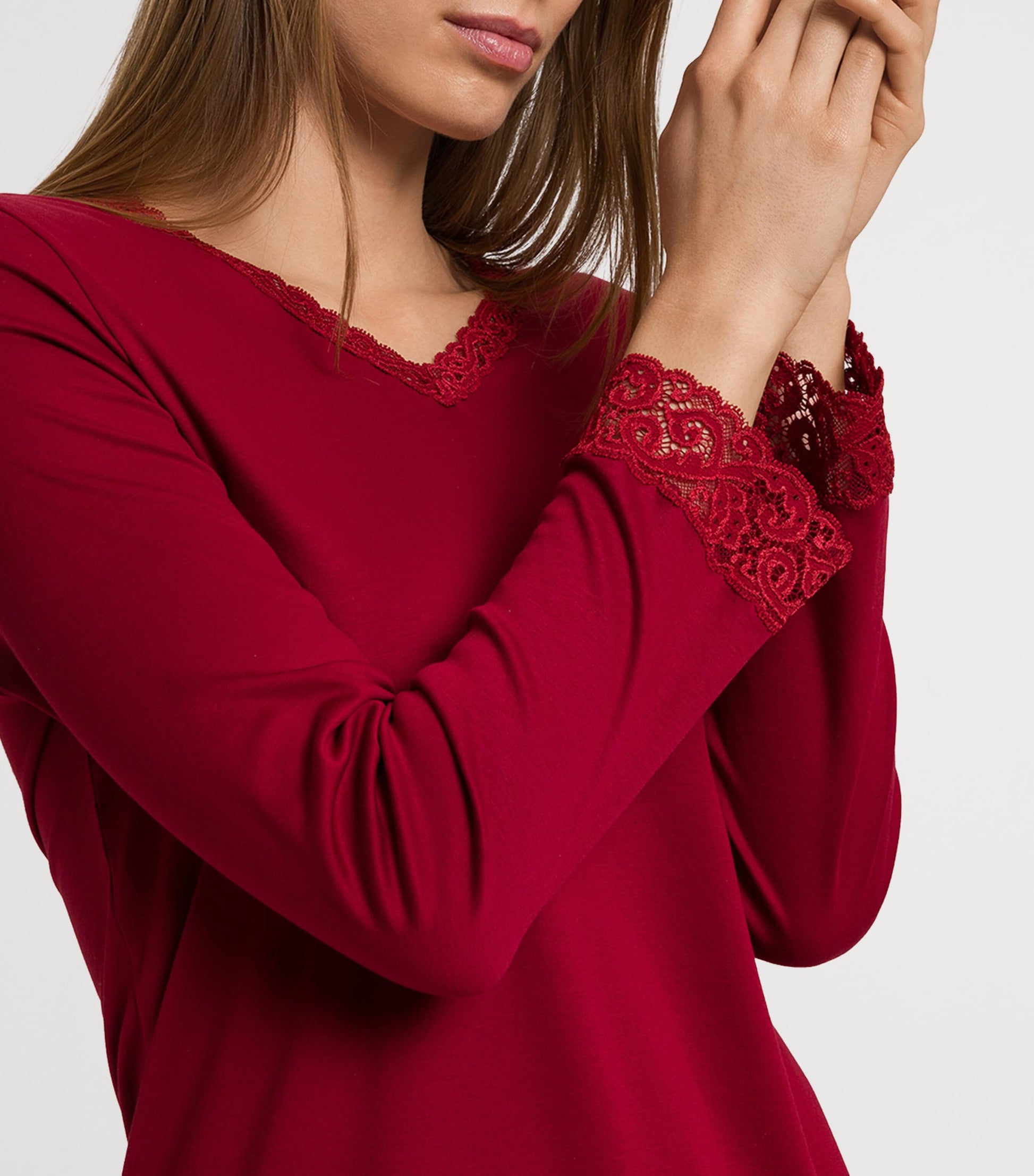 Red Cotton Lace-Trim Pyjama Set