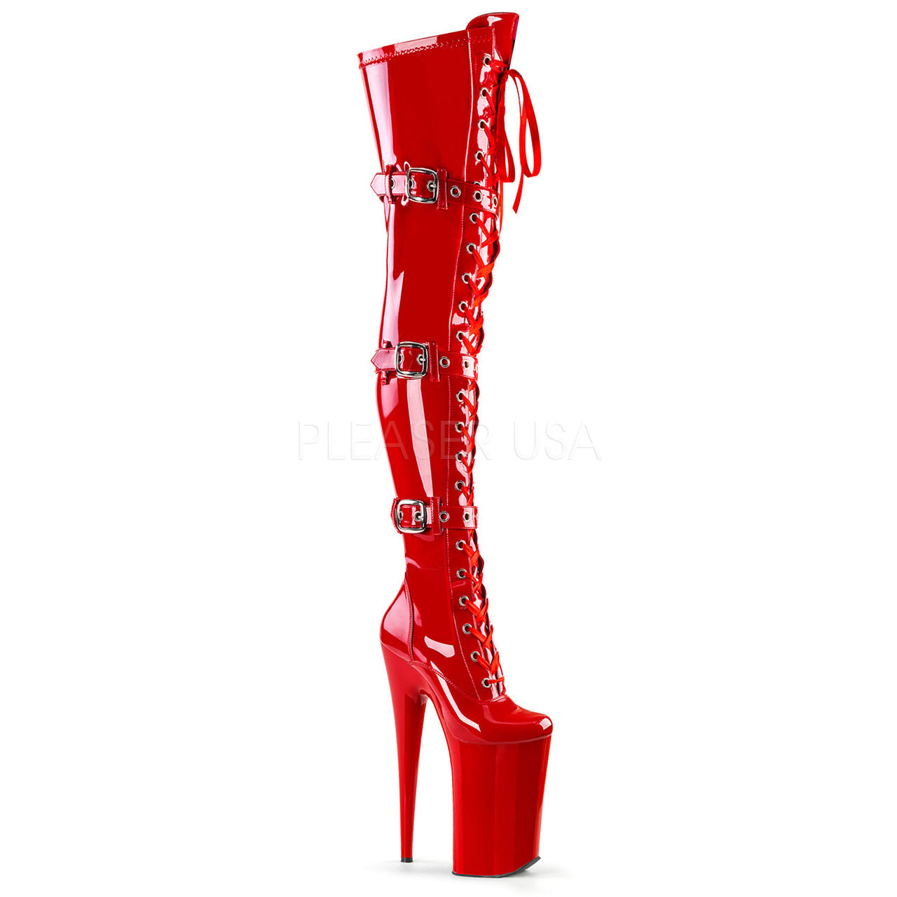 10" Heel Red Platform Lace-Up Thigh High Boots*