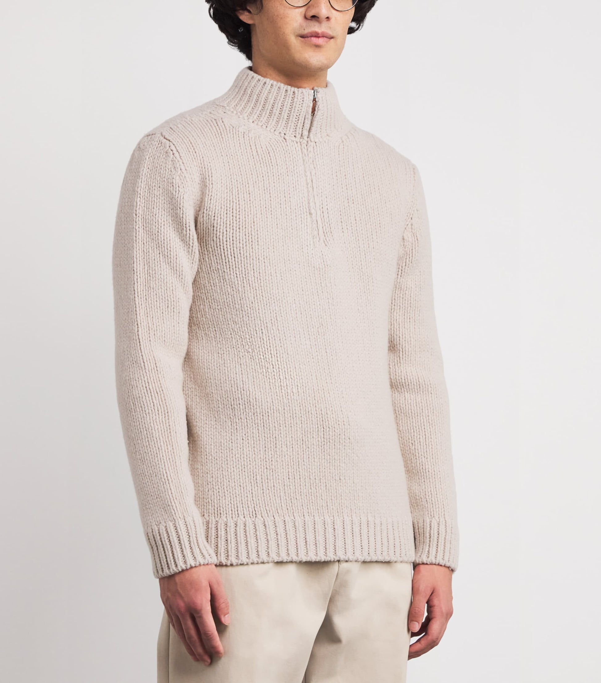 Beige Wool Quarter-Zip Sweater
